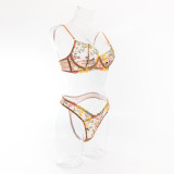 Women Embroidery Floral mesh Sexy Lingerie Two-piece Set