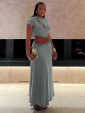 Women summer Cut Out beaded short sleeve Crop Top and Long Skirt two-piece set