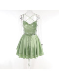 Summer Women's Sexy Strap  Lace-Up Backless Slim Waist Satin Party Dress