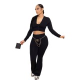 Women's Solid Color Long Sleeve Sexy Open Waist Casual Sports Three-Piece Pants Set