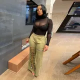 Women Fashion Style Summer Hollow Zipper Pocket Loose Casual Pants