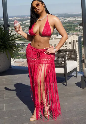 Women's Crochet Solid Color Bikini Top Tassel Beach Skirt Two Piece Set