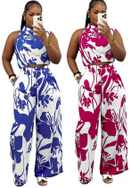 Fashion Women's Sleeveless Pocket Printed Two Piece Pants Set