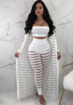 Women's Plus Size Fashion Sexy Mesh Hollow Coat Strapless Crop Top Pants Three Piece Set
