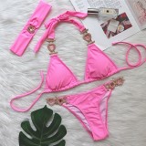 Sexy Luxury Crystal Diamond Bikini Solid Color Women's Two Pieces Lace-Up Swimsuit