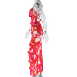 Women's Fashion Print Sexy Strap Low Back Ruffled Irregular Trend Dress
