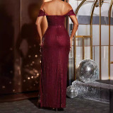 Women Solid Off Shoulder Elegant Sequin Slit Formal Party Evening Dress