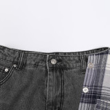 Women American summer irregular plaid patchwork denim skirt