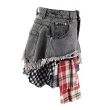 Women American summer irregular plaid patchwork denim skirt