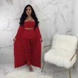 Women's Plus Size Fashion Sexy Mesh Hollow Coat Strapless Crop Top Pants Three Piece Set