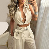 Women Summer Solid Turndown Collar Sexy Sleeveless Top and Pant Two-piece Set