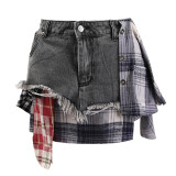 Women American summer irregular plaid patchwork denim skirt