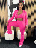 Women's Solid Color Long Sleeve Sexy Open Waist Casual Sports Three-Piece Pants Set