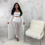 Women's Plus Size Fashion Sexy Mesh Hollow Coat Strapless Crop Top Pants Three Piece Set