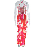 Women's Fashion Print Sexy Strap Low Back Ruffled Irregular Trend Dress