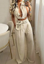 Women Summer Solid Turndown Collar Sexy Sleeveless Top and Pant Two-piece Set