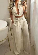 Women Summer Solid Turndown Collar Sexy Sleeveless Top and Pant Two-piece Set