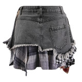 Women American summer irregular plaid patchwork denim skirt