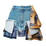 Women American summer irregular plaid patchwork denim skirt