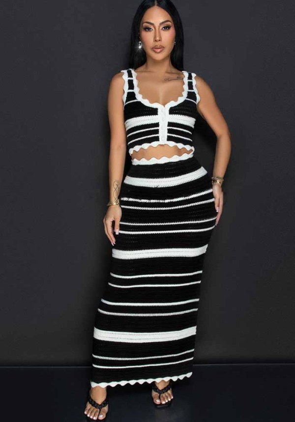 Women Striped Casual Tank Top Beach Bohemian Contrast Skirt Knitting Two-Piece Set