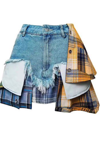 Women American summer irregular plaid patchwork denim skirt