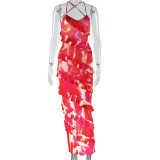 Women's Fashion Print Sexy Strap Low Back Ruffled Irregular Trend Dress