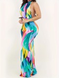 Women's Printed Halter Neck Backless Long Dress