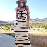 Women Striped Casual Tank Top Beach Bohemian Contrast Skirt Knitting Two-Piece Set