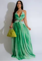 Halter Lace-Up Sleeveless V-Neck Printed Women Fashion Sexy Long Dress