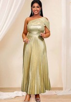 Summer Elegant One Shoulder Sleeveless Gold Pleated Formal Party Dress