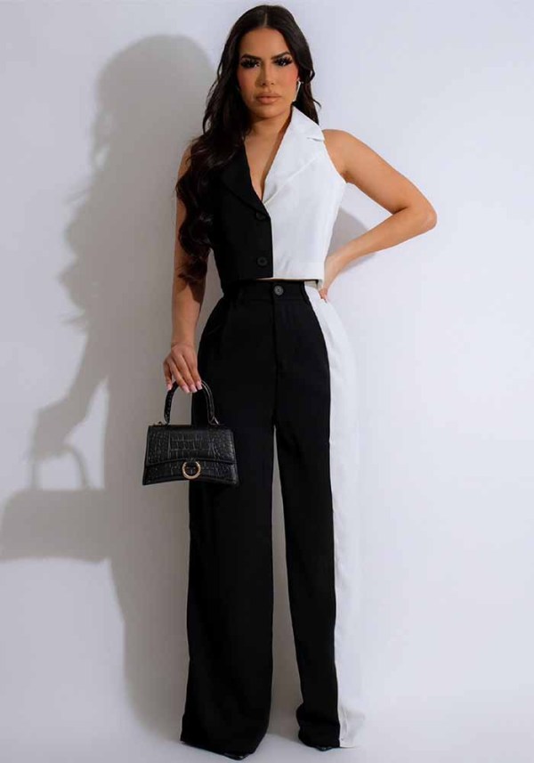 Summer Women's Contrast Color Patchwork Turndown Collar Vest Loose Wide Leg Pants Career Suit