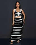 Women Striped Casual Tank Top Beach Bohemian Contrast Skirt Knitting Two-Piece Set