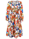 Women's Chic Print Slim Waist Long Sleeve Midi Casual Dress