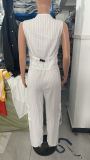 Women's Chic Elegant Solid Color Striped Button Vest Pocket Pants Two Piece Set