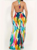 Women's Printed Halter Neck Backless Long Dress