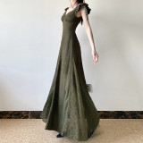 Vintage Olive Green Ruffled Patchwork Flying Sleeve Dress Chic V-Neck Slim Waist  A-Line Long Dress