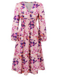 Women's Chic Print Slim Waist Long Sleeve Midi Casual Dress