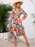 Women's Chic Print Slim Waist Long Sleeve Midi Casual Dress