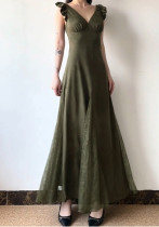 Vintage Olive Green Ruffled Patchwork Flying Sleeve Dress Chic V-Neck Slim Waist  A-Line Long Dress
