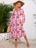 Women's Chic Print Slim Waist Long Sleeve Midi Casual Dress