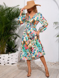 Women's Chic Print Slim Waist Long Sleeve Midi Casual Dress