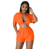 Women's Sexy Solid Color Turndown Collar Short Sleeve T-Shirt Shorts Two-Piece Set