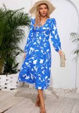 Women's Chic Print Slim Waist Long Sleeve Midi Casual Dress