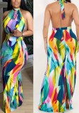 Women's Printed Halter Neck Backless Long Dress