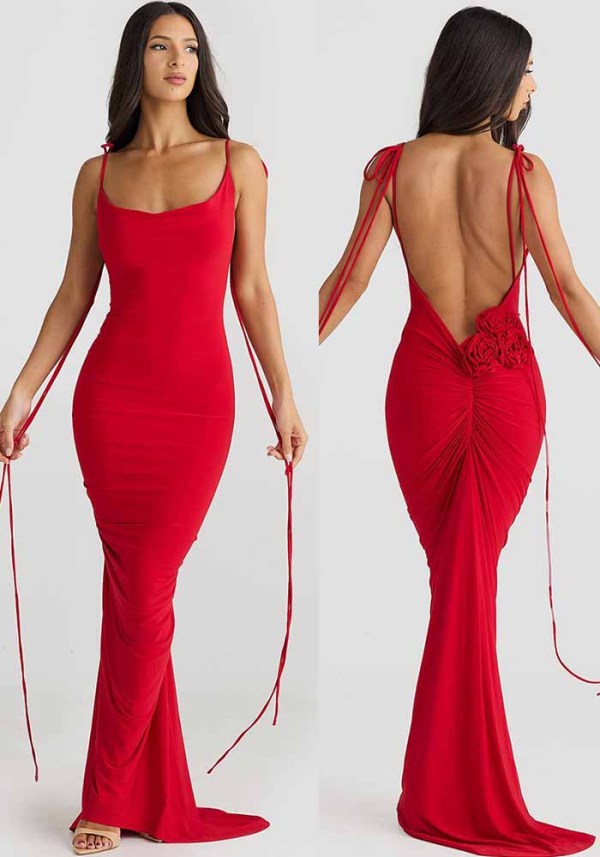 Women's Summer Fashion Sexy Low Back Pleated Long Dress