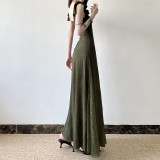 Vintage Olive Green Ruffled Patchwork Flying Sleeve Dress Chic V-Neck Slim Waist  A-Line Long Dress