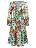 Women's Chic Print Slim Waist Long Sleeve Midi Casual Dress