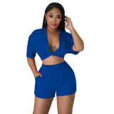 Women's Sexy Solid Color Turndown Collar Short Sleeve T-Shirt Shorts Two-Piece Set