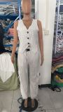 Women's Chic Elegant Solid Color Striped Button Vest Pocket Pants Two Piece Set