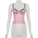 Women Sexy Sweet Ruffles Contrast Color Suspender Drawstring Mesh See-Through Top